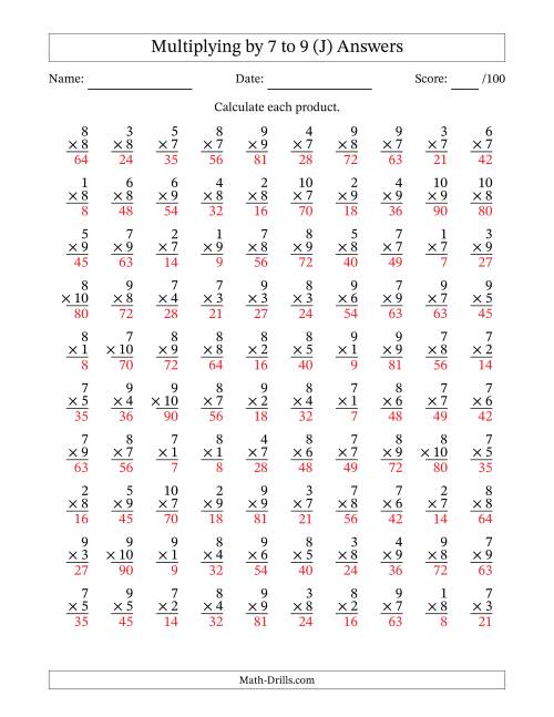 The Multiplying (1 to 10) by 7 to 9 (100 Questions) (J) Math Worksheet Page 2