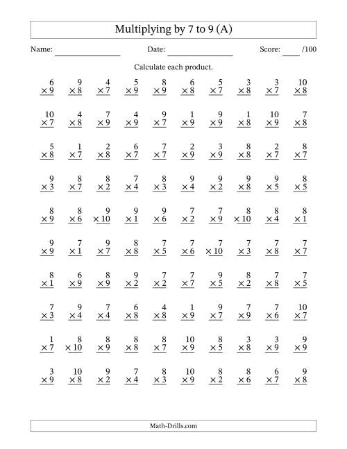 The Multiplying (1 to 10) by 7 to 9 (100 Questions) (All) Math Worksheet