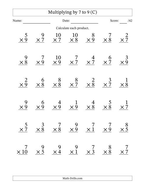 The Multiplying (1 to 10) by 7 to 9 (42 Questions) (C) Math Worksheet