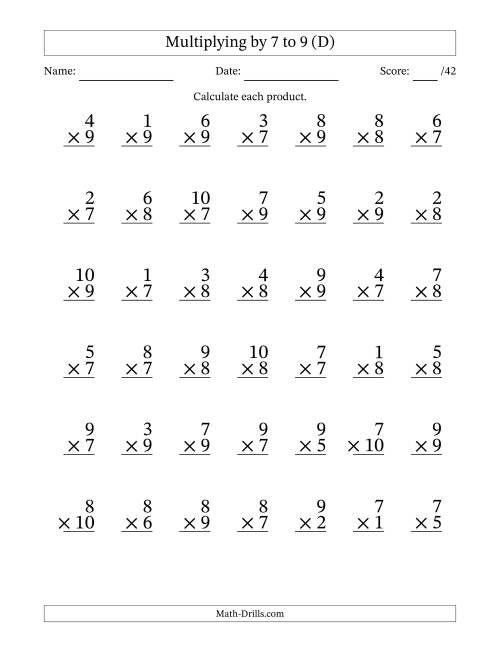 The Multiplying (1 to 10) by 7 to 9 (42 Questions) (D) Math Worksheet