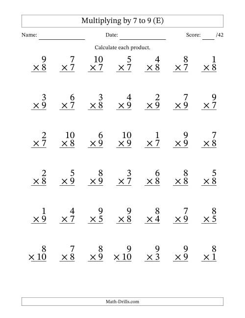 The Multiplying (1 to 10) by 7 to 9 (42 Questions) (E) Math Worksheet