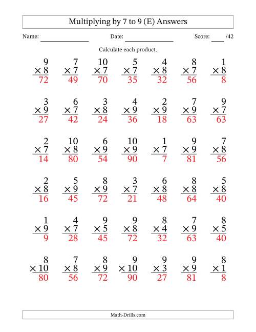 The Multiplying (1 to 10) by 7 to 9 (42 Questions) (E) Math Worksheet Page 2