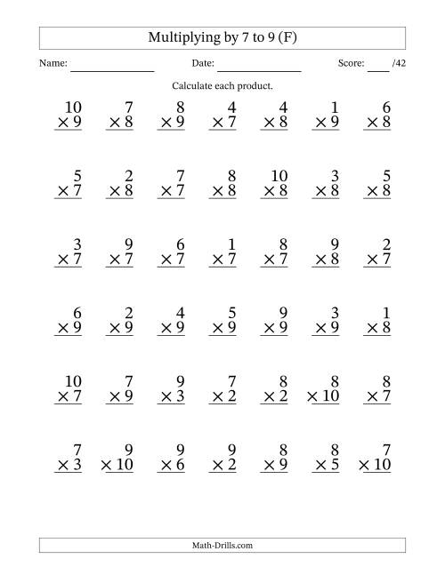 The Multiplying (1 to 10) by 7 to 9 (42 Questions) (F) Math Worksheet
