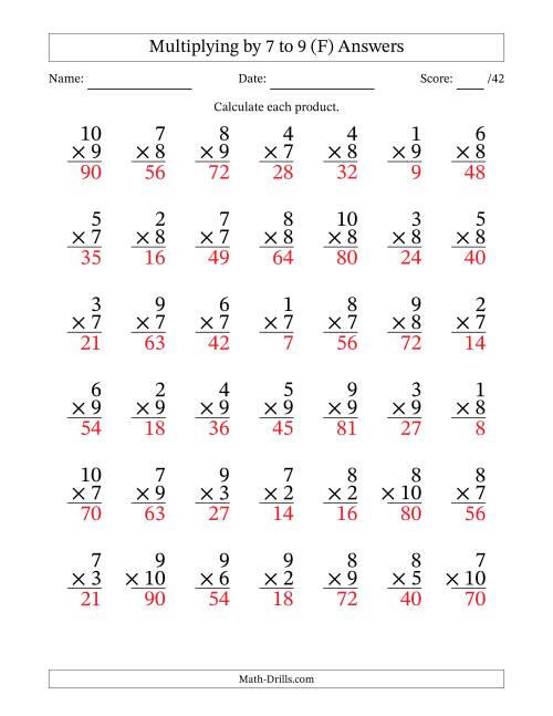 The Multiplying (1 to 10) by 7 to 9 (42 Questions) (F) Math Worksheet Page 2