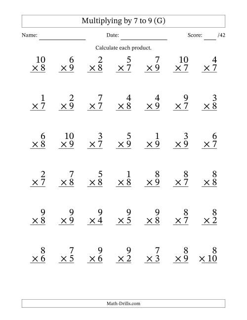 The Multiplying (1 to 10) by 7 to 9 (42 Questions) (G) Math Worksheet