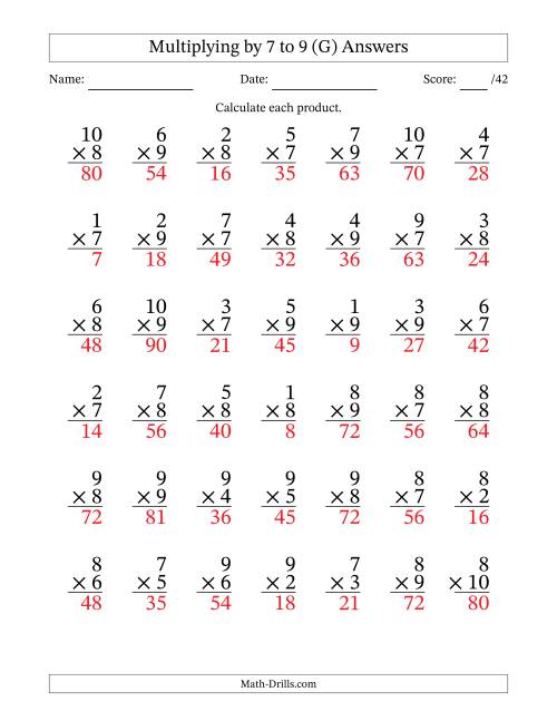 The Multiplying (1 to 10) by 7 to 9 (42 Questions) (G) Math Worksheet Page 2