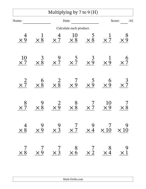 The Multiplying (1 to 10) by 7 to 9 (42 Questions) (H) Math Worksheet