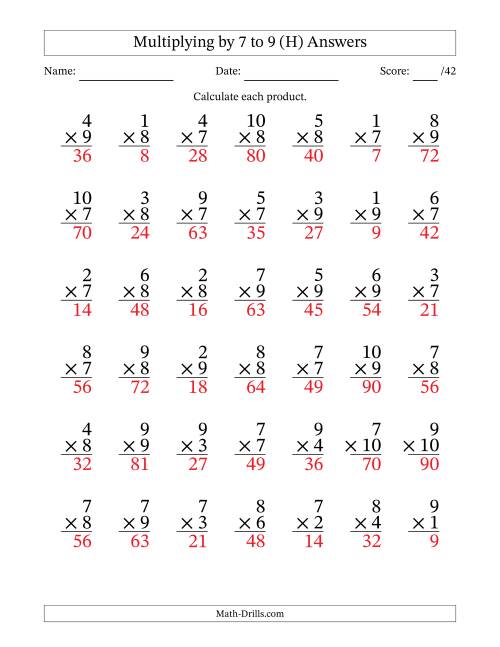The Multiplying (1 to 10) by 7 to 9 (42 Questions) (H) Math Worksheet Page 2