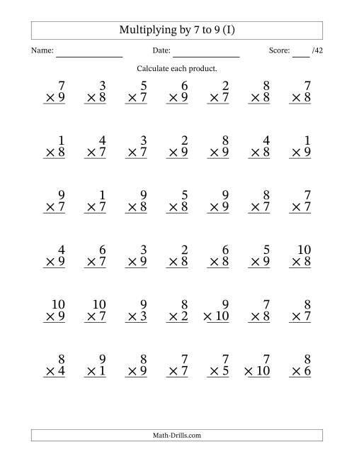 The Multiplying (1 to 10) by 7 to 9 (42 Questions) (I) Math Worksheet