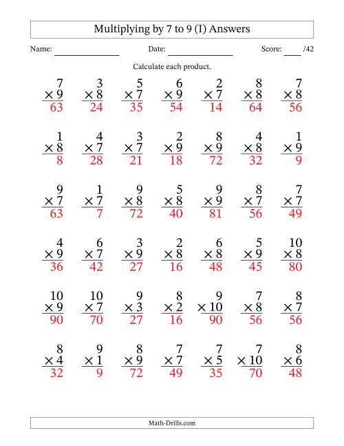 The Multiplying (1 to 10) by 7 to 9 (42 Questions) (I) Math Worksheet Page 2