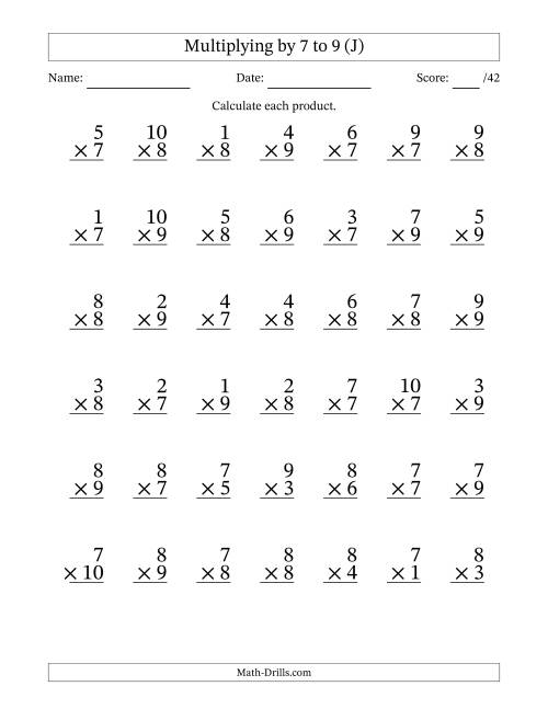 The Multiplying (1 to 10) by 7 to 9 (42 Questions) (J) Math Worksheet
