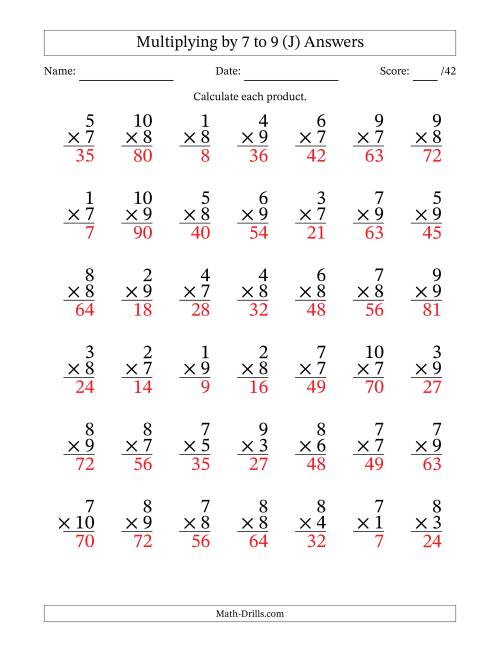 The Multiplying (1 to 10) by 7 to 9 (42 Questions) (J) Math Worksheet Page 2