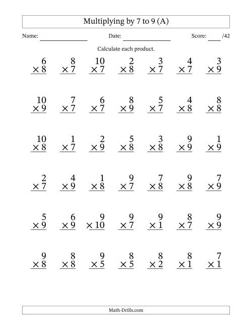 The Multiplying (1 to 10) by 7 to 9 (42 Questions) (All) Math Worksheet
