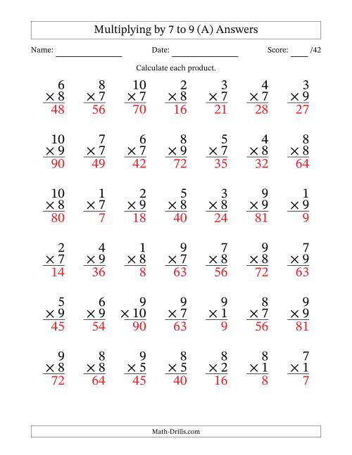 The Multiplying (1 to 10) by 7 to 9 (42 Questions) (All) Math Worksheet Page 2