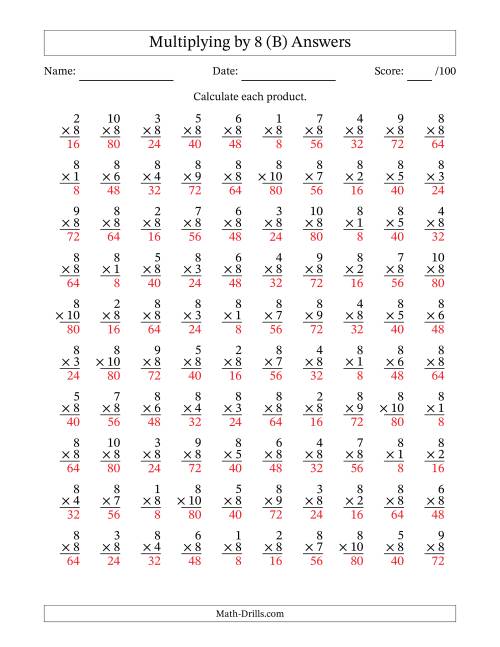 The Multiplying (1 to 10) by 8 (100 Questions) (B) Math Worksheet Page 2