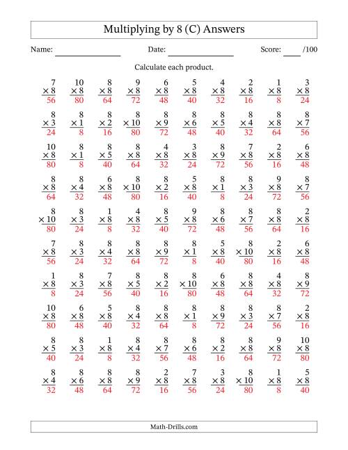 The Multiplying (1 to 10) by 8 (100 Questions) (C) Math Worksheet Page 2