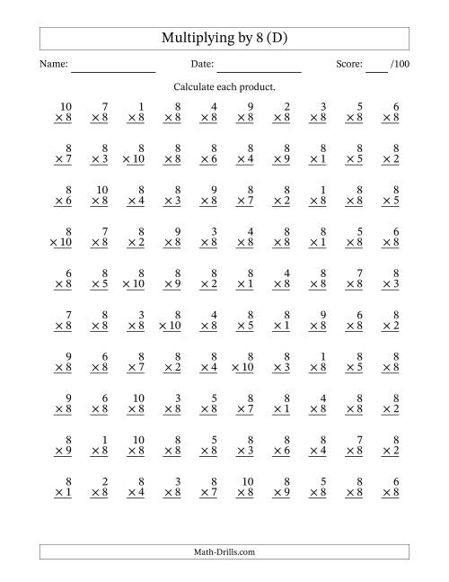 The Multiplying (1 to 10) by 8 (100 Questions) (D) Math Worksheet