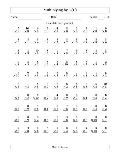 The Multiplying (1 to 10) by 8 (100 Questions) (E) Math Worksheet