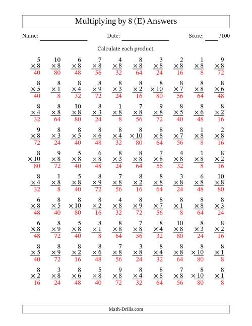 The Multiplying (1 to 10) by 8 (100 Questions) (E) Math Worksheet Page 2