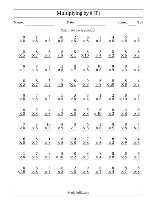 The Multiplying (1 to 10) by 8 (100 Questions) (F) Math Worksheet
