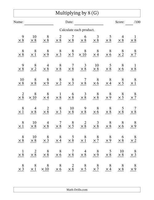 The Multiplying (1 to 10) by 8 (100 Questions) (G) Math Worksheet