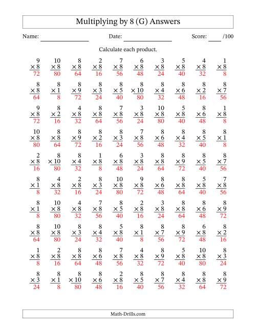 The Multiplying (1 to 10) by 8 (100 Questions) (G) Math Worksheet Page 2