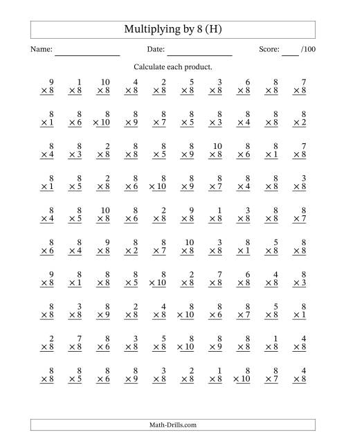 The Multiplying (1 to 10) by 8 (100 Questions) (H) Math Worksheet