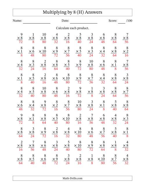 The Multiplying (1 to 10) by 8 (100 Questions) (H) Math Worksheet Page 2