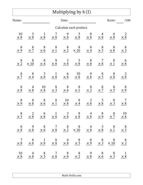 The Multiplying (1 to 10) by 8 (100 Questions) (I) Math Worksheet