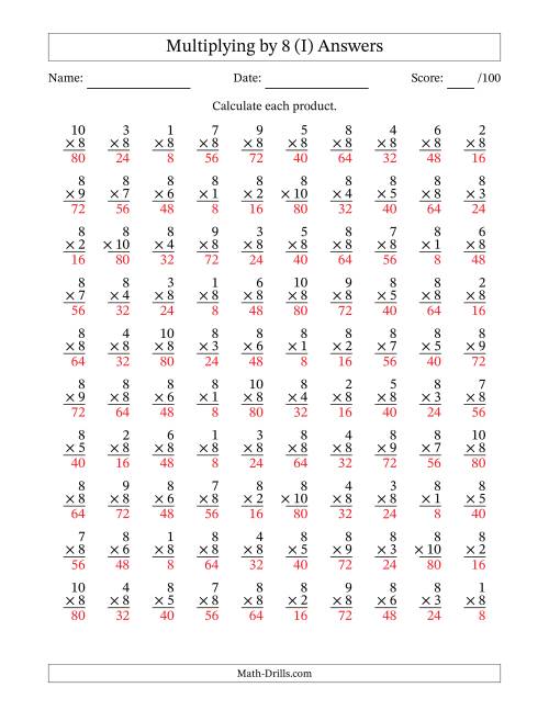 The Multiplying (1 to 10) by 8 (100 Questions) (I) Math Worksheet Page 2