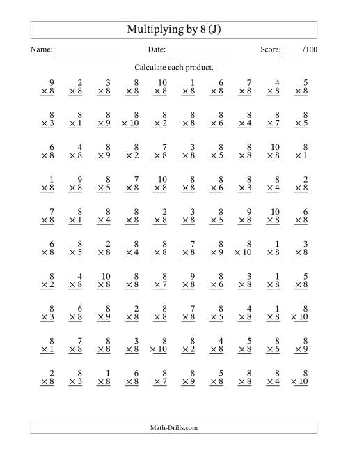 The Multiplying (1 to 10) by 8 (100 Questions) (J) Math Worksheet