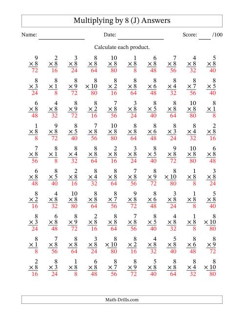The Multiplying (1 to 10) by 8 (100 Questions) (J) Math Worksheet Page 2