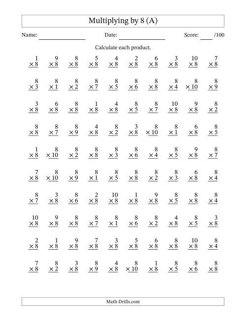 The Multiplying (1 to 10) by 8 (100 Questions) (All) Math Worksheet