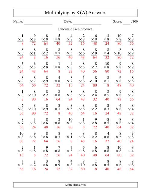 The Multiplying (1 to 10) by 8 (100 Questions) (All) Math Worksheet Page 2