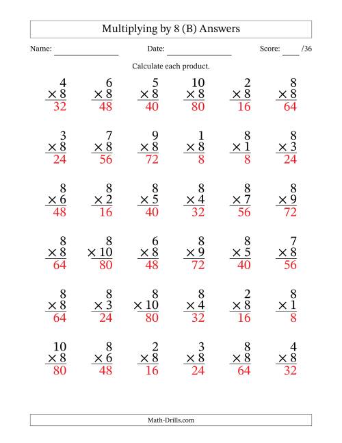 The Multiplying (1 to 10) by 8 (36 Questions) (B) Math Worksheet Page 2