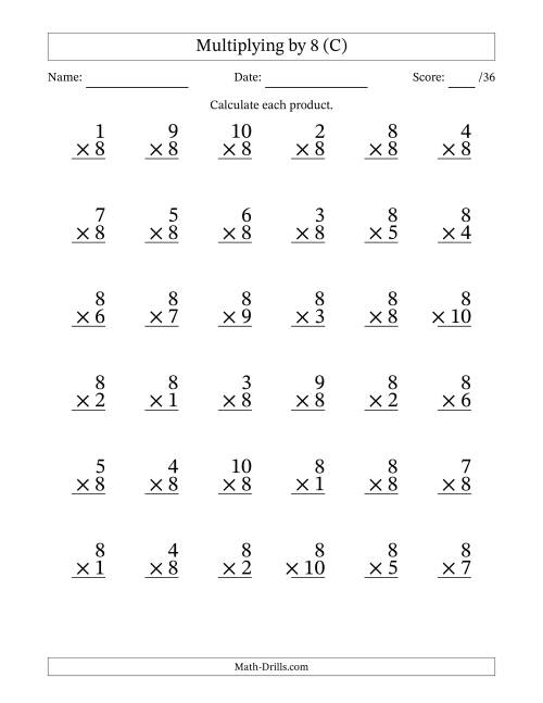 The Multiplying (1 to 10) by 8 (36 Questions) (C) Math Worksheet
