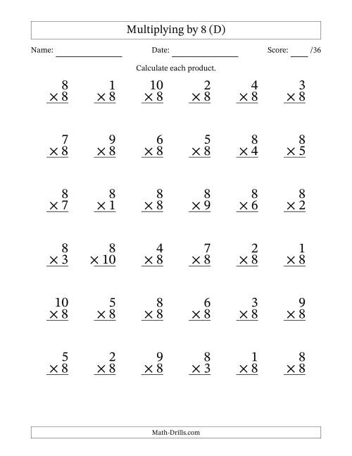 The Multiplying (1 to 10) by 8 (36 Questions) (D) Math Worksheet