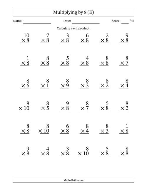 The Multiplying (1 to 10) by 8 (36 Questions) (E) Math Worksheet