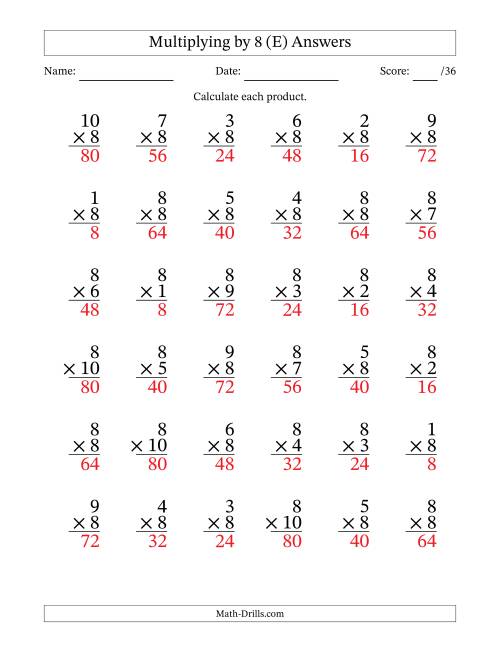 The Multiplying (1 to 10) by 8 (36 Questions) (E) Math Worksheet Page 2