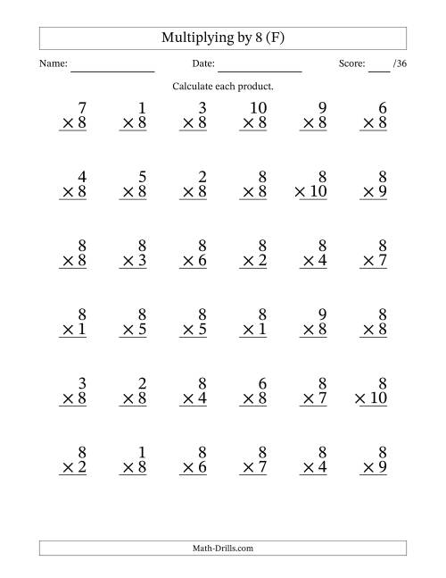 The Multiplying (1 to 10) by 8 (36 Questions) (F) Math Worksheet