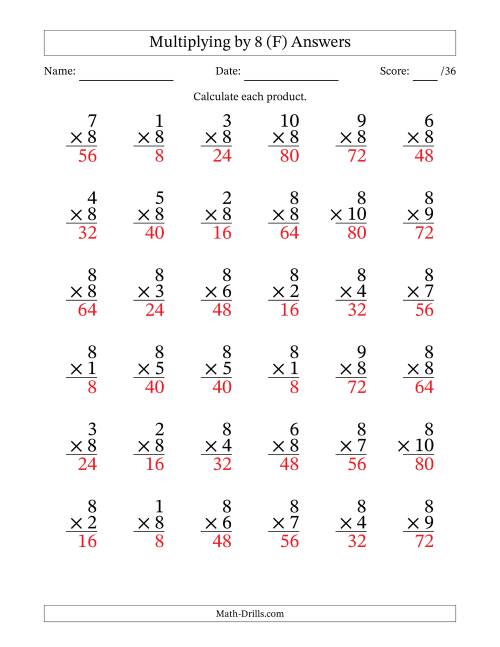 The Multiplying (1 to 10) by 8 (36 Questions) (F) Math Worksheet Page 2
