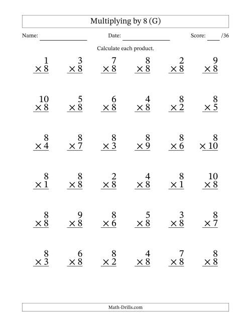 The Multiplying (1 to 10) by 8 (36 Questions) (G) Math Worksheet