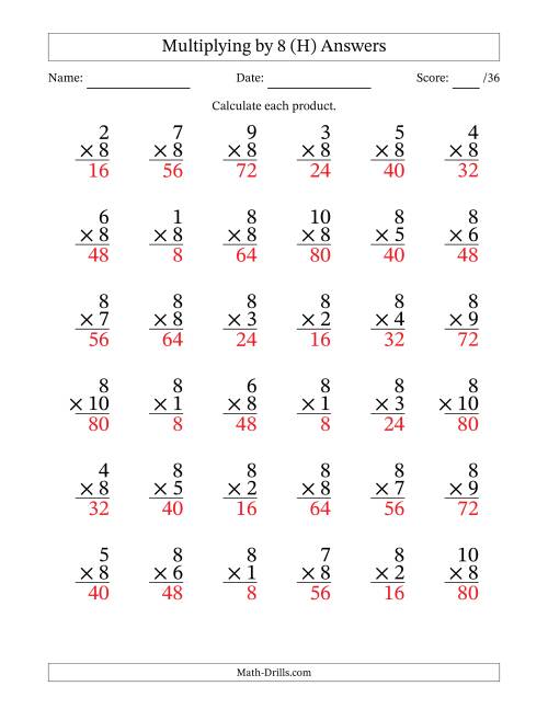 The Multiplying (1 to 10) by 8 (36 Questions) (H) Math Worksheet Page 2