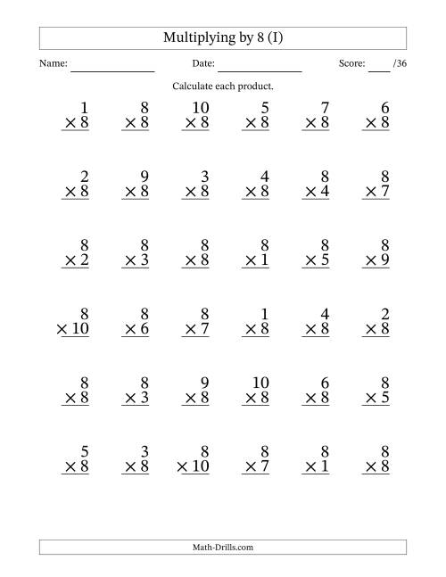 The Multiplying (1 to 10) by 8 (36 Questions) (I) Math Worksheet