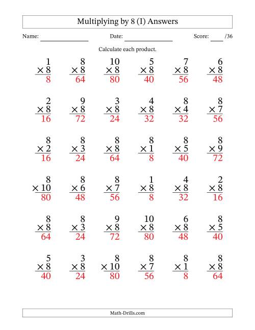 The Multiplying (1 to 10) by 8 (36 Questions) (I) Math Worksheet Page 2