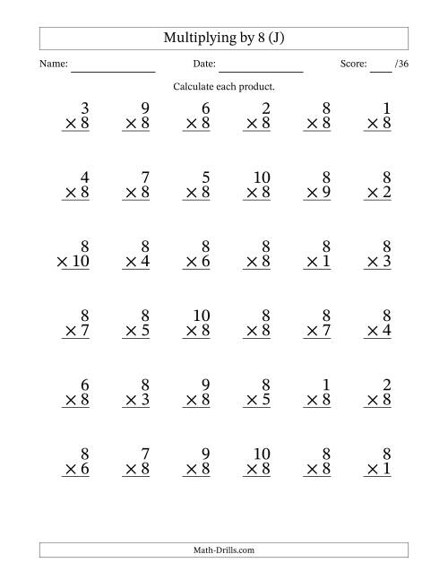 The Multiplying (1 to 10) by 8 (36 Questions) (J) Math Worksheet