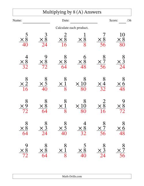 The Multiplying (1 to 10) by 8 (36 Questions) (All) Math Worksheet Page 2