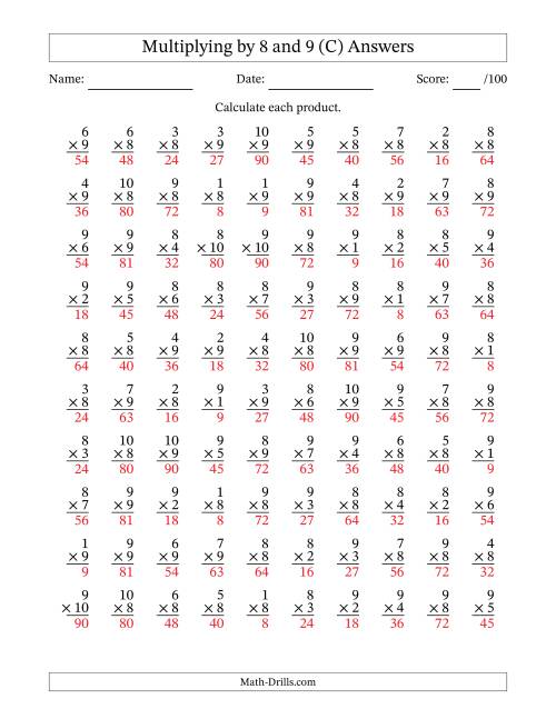 The Multiplying (1 to 10) by 8 and 9 (100 Questions) (C) Math Worksheet Page 2