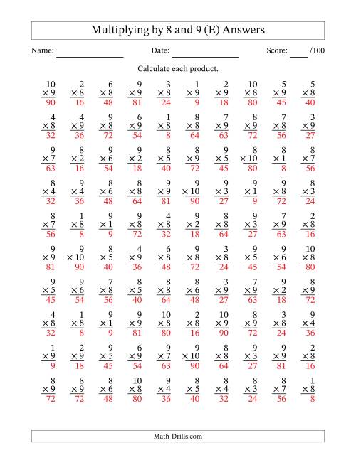 The Multiplying (1 to 10) by 8 and 9 (100 Questions) (E) Math Worksheet Page 2