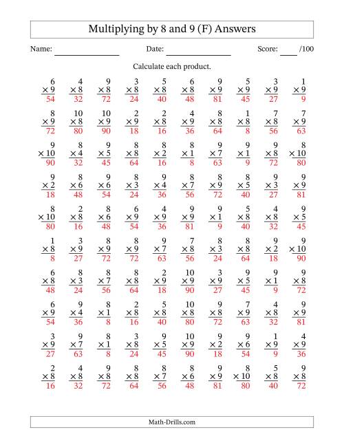 The Multiplying (1 to 10) by 8 and 9 (100 Questions) (F) Math Worksheet Page 2